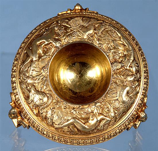 A good pair of Victorian cast silver gilt salt cellars and spoons, by Jane Brownett? height 40mm, weight 7.3 oz/230grms.